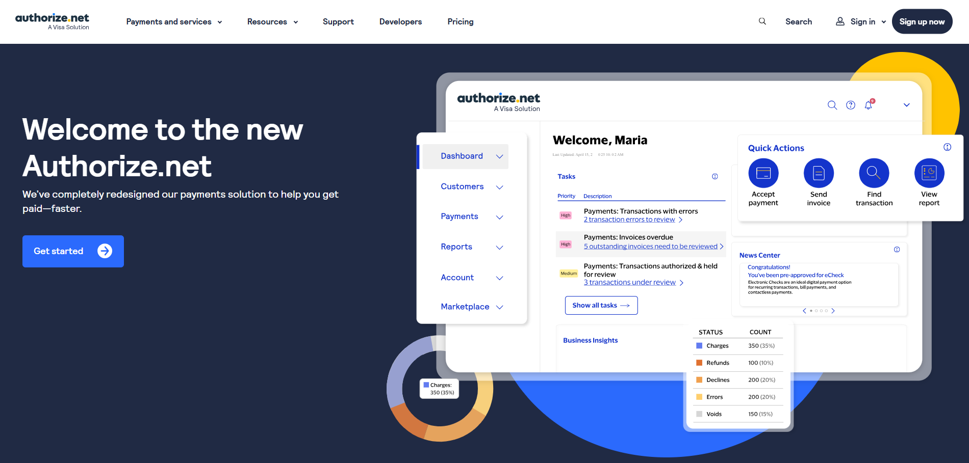 Screenshot of the redesigned Authorize.net platform with a dark blue background. The text reads “Welcome to the new Authorize.net” with a subheading promoting faster payments. A dashboard interface on the right displays user navigation options like Dashboard, Payments, Reports, and Tasks, along with icons for quick actions like Accept Payment and View Report. A “Get started” button appears below the text.