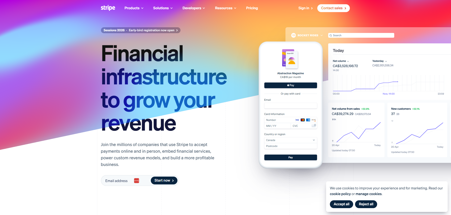 Stripe’s homepage featuring a gradient background of pink, purple, and orange tones. Bold text on the left reads “Financial infrastructure to grow your revenue.” On the right, a payment interface and analytics dashboard show graphs and card input fields, including Apple Pay and Visa/Mastercard options. Text below highlights Stripe’s tools for accepting online payments and powering business models.