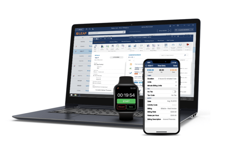 A laptop, smartwatch, and smartphone all display different interfaces of the LEAP legal software. The laptop screen shows a client matter dashboard, the smartwatch shows a running timer, and the smartphone shows a time entry form with billing details.