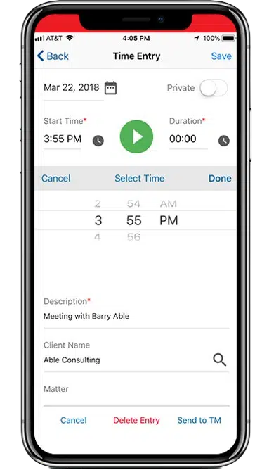 Screenshot of a smartphone displaying a "Time Entry" screen from a time-tracking app.