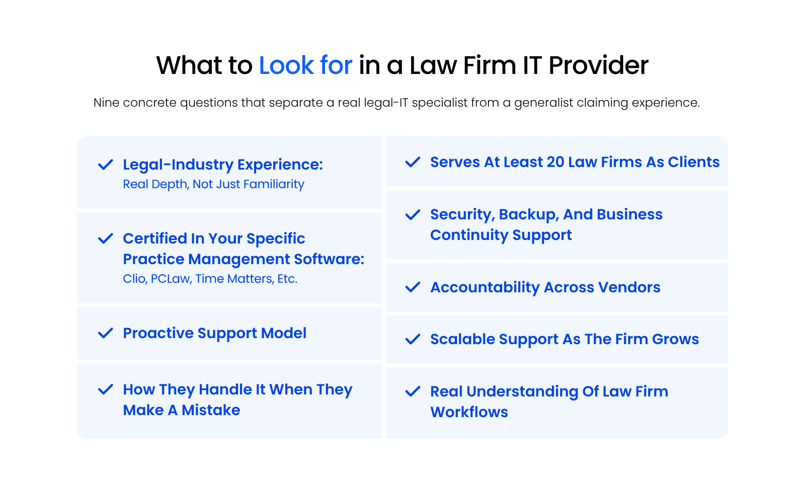 What to Look for in a Law Firm IT Provider Checklist graphic listing nine concrete criteria for vetting a legal-specific IT provider.
