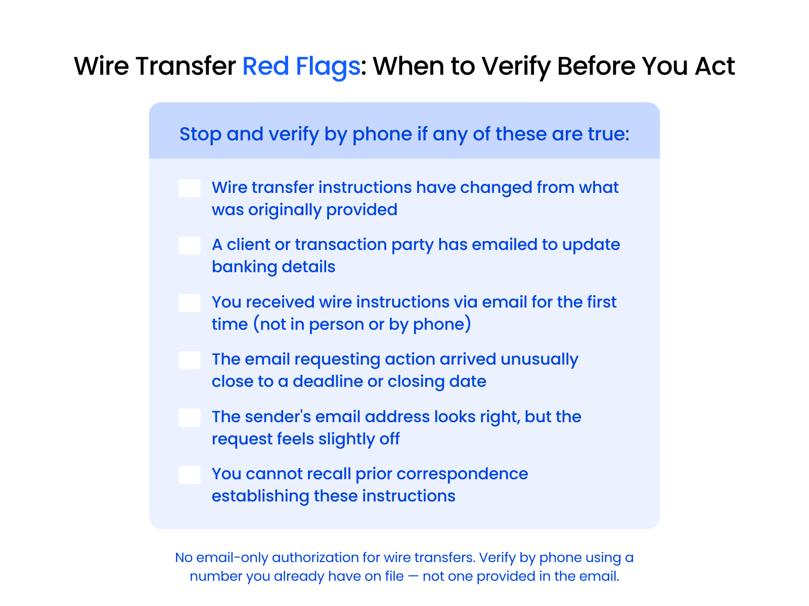 Wire Transfer Red Flags When to Verify Before You Act Checklist of wire transfer red flags for law firms, with a note to verify instructions by phone using a number from existing records — not from the email
