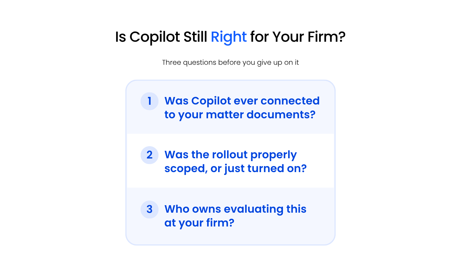 Is Copilot Still Right for Your Firm Checklist of three questions to determine if a law firm's Microsoft Copilot rollout can still work