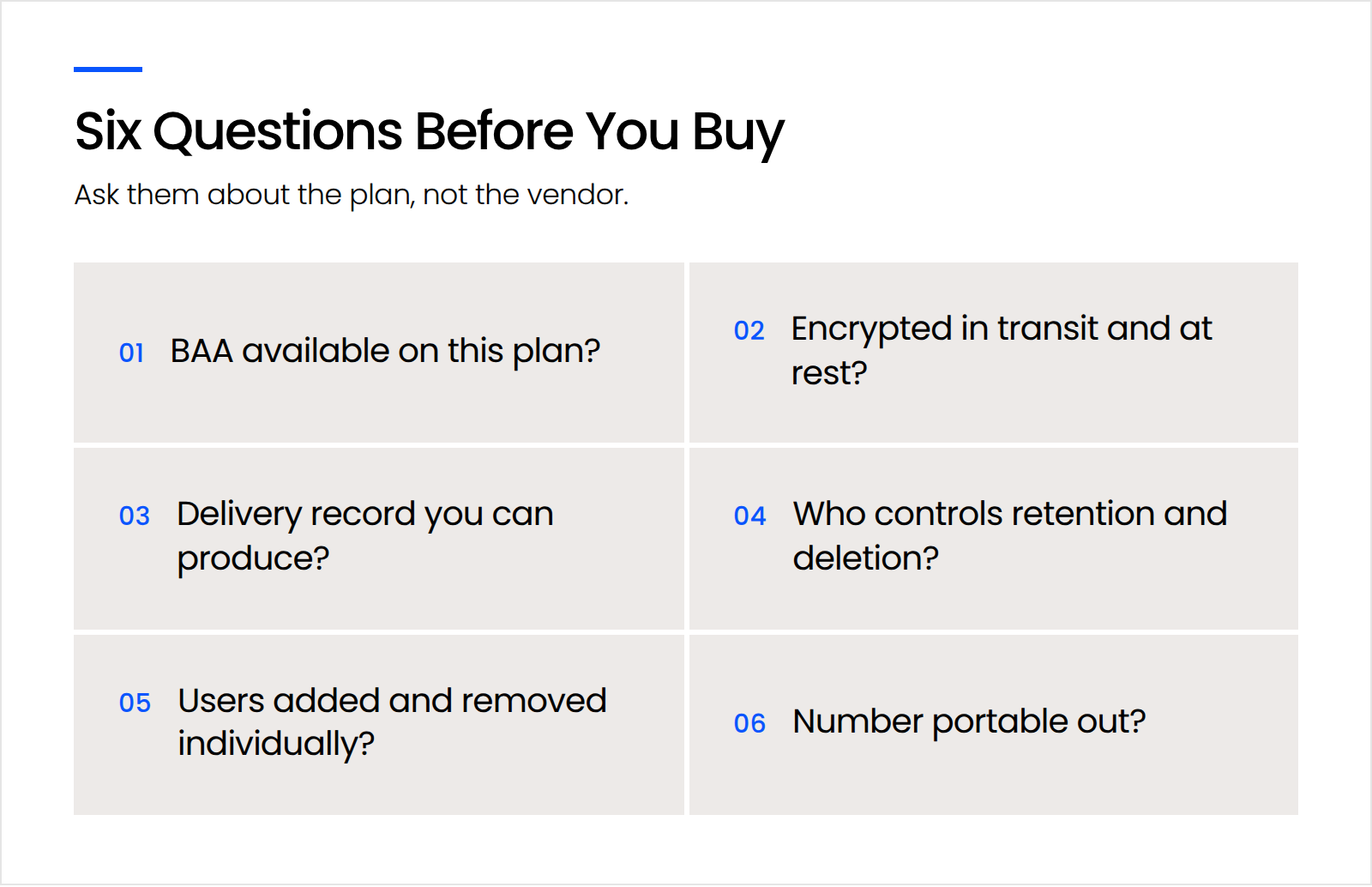 Visual-1_Six-Questions-Before-You-Buy_1 Checklist of six questions a law firm should ask an online fax vendor before buying a plan.